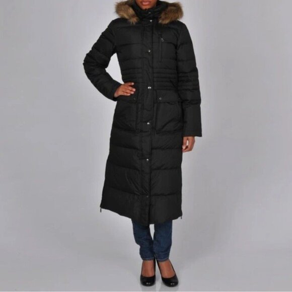 DKNY Black Long Down Puffer Coat Fur Trim Hood Hooded Winter Parka Sz Small - Picture 16 of 16